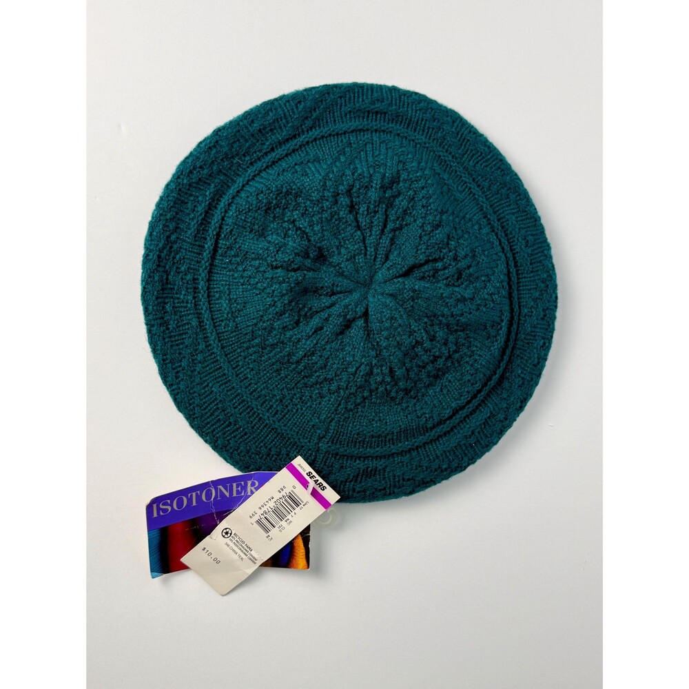 Vintage 90s Isotoner Knit Beret Teal Green Cable Knit Hat NOS Deadstock One Size